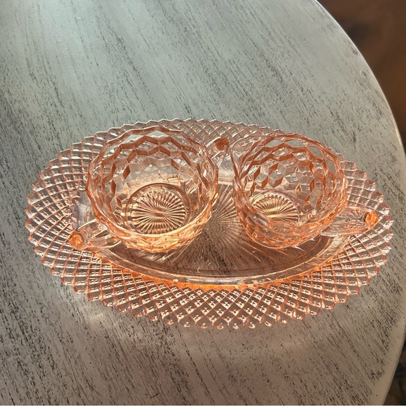 Pink Depression Glass Sugar and Creamer with Saucer Set Jeanette Diamond Cubist - Picture 2 of 3